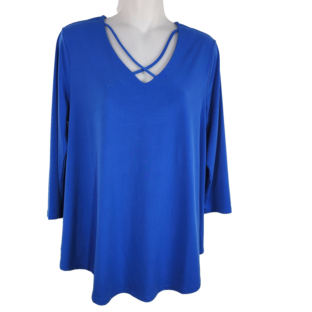 Chico's Women's Caged Knit Tunic Top Size 1 Medium Blue 3/4 Sleeves Crisscross